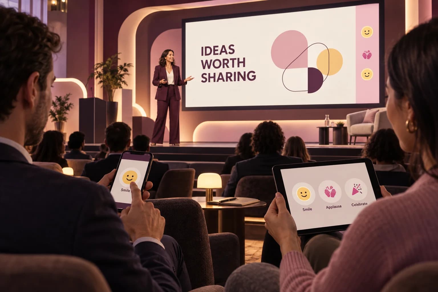 Concept illustration of attendees deliberately choosing reactions on their devices while a speaker presents beside a screen with a reserved reaction area.
