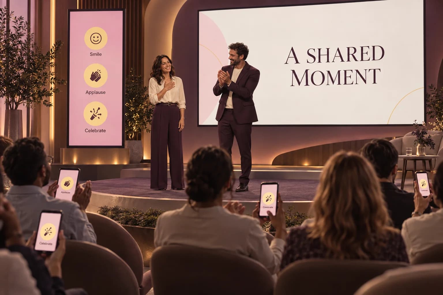 Concept illustration of a town hall recognition moment with a separate reaction display beside the main presentation.