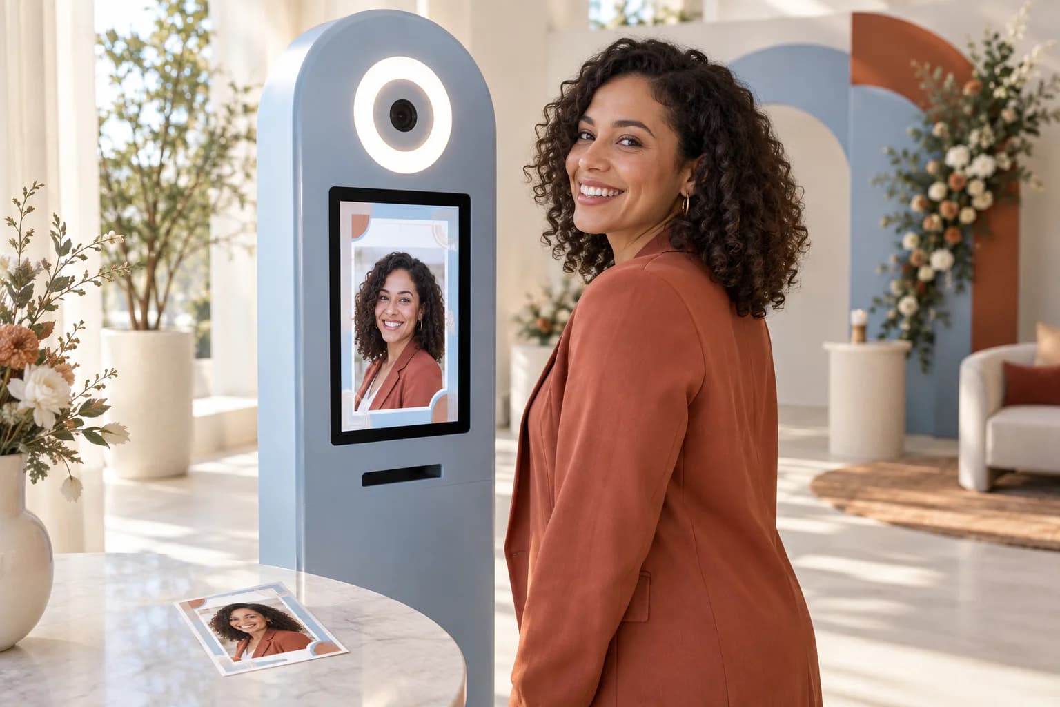 Concept illustration of an event guest beside a selfie kiosk displaying her photo in an event frame.