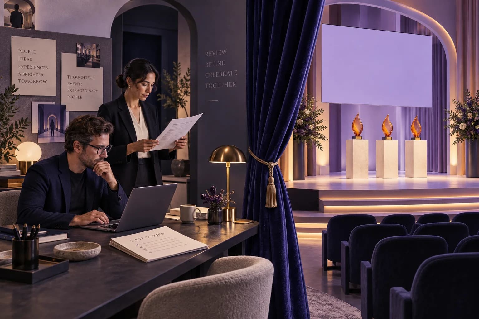 Concept illustration of organisers reviewing evaluations backstage before an awards announcement.
