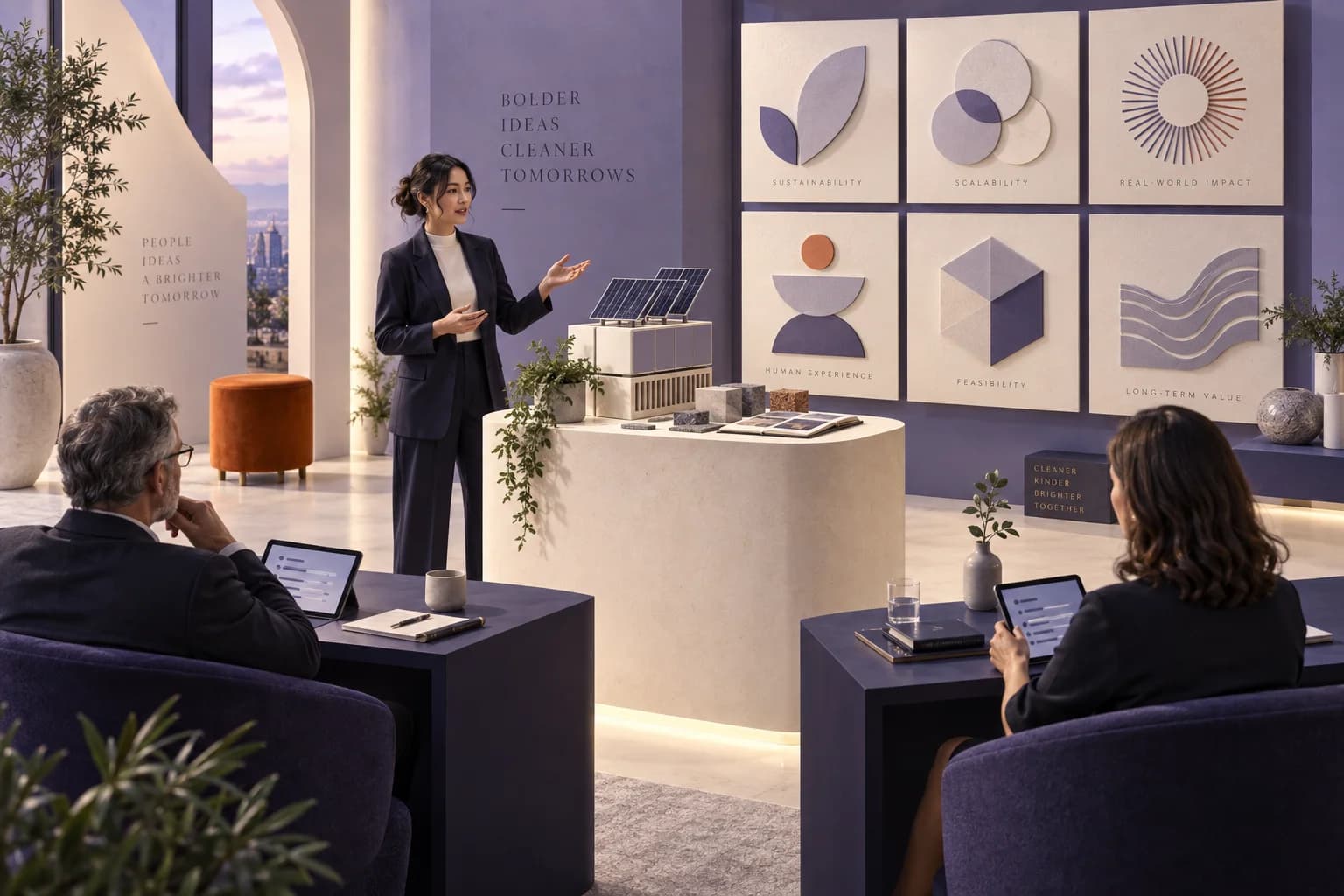 Concept illustration of an engineer presenting a prototype to judges using separate tablets in a corporate innovation studio.