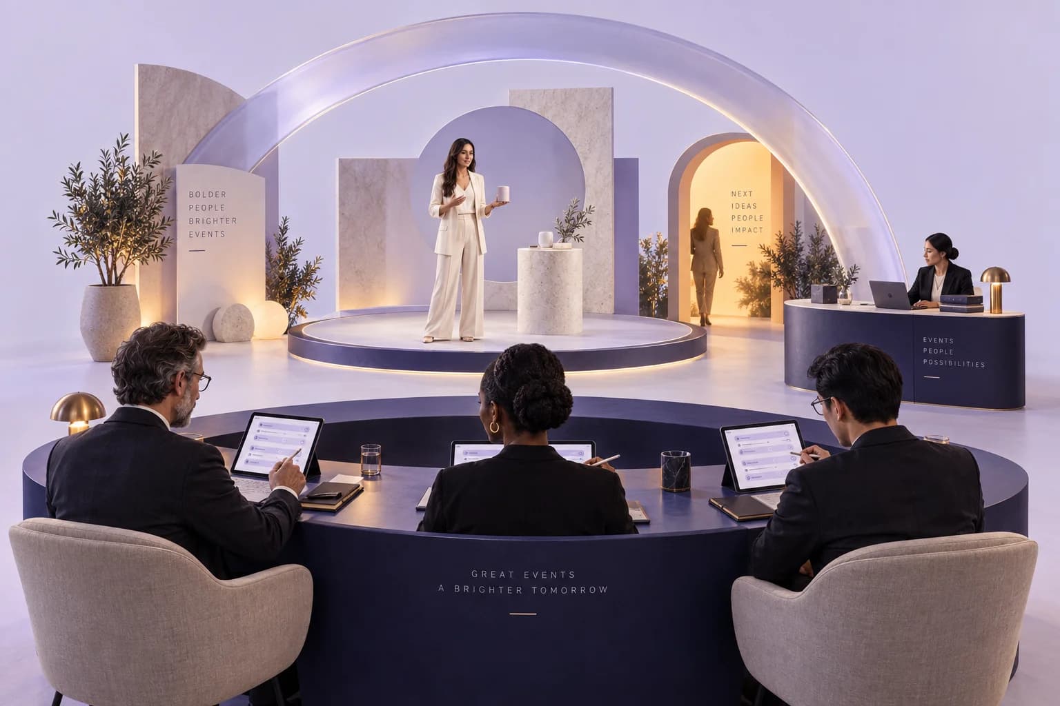 Concept illustration of judges independently scoring a presentation on tablets, with a separate organiser review workspace.