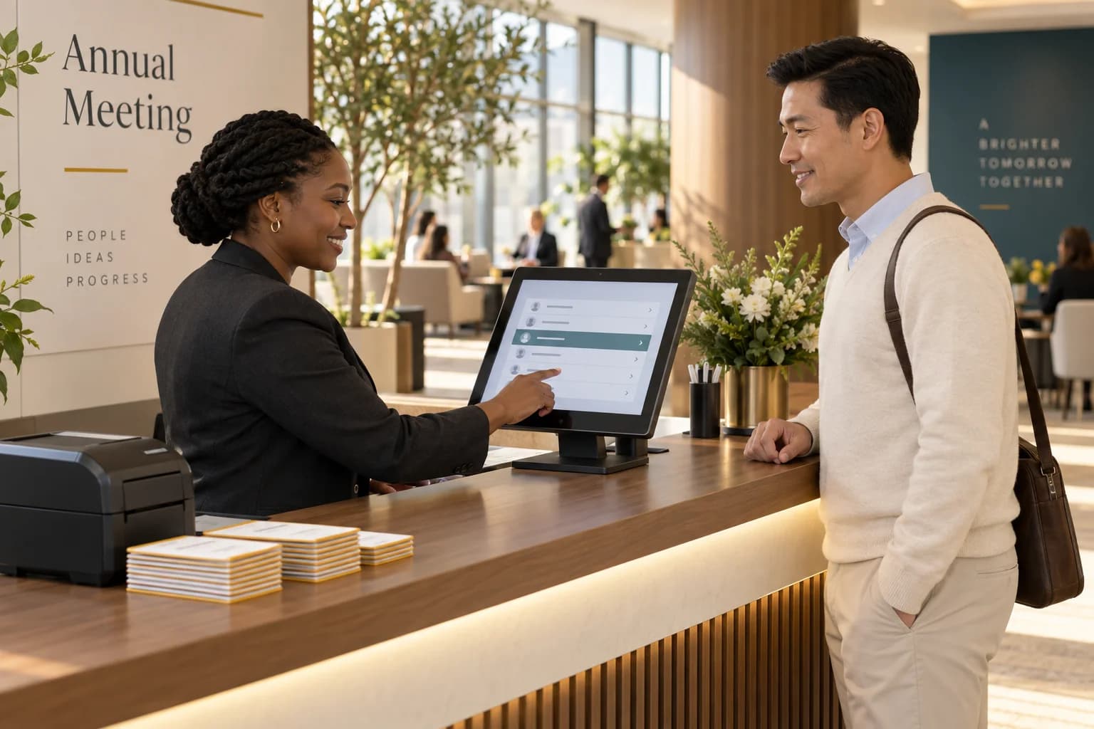 Illustrative corporate arrival desk with staff reviewing an invitation list before preparing a guest badge.