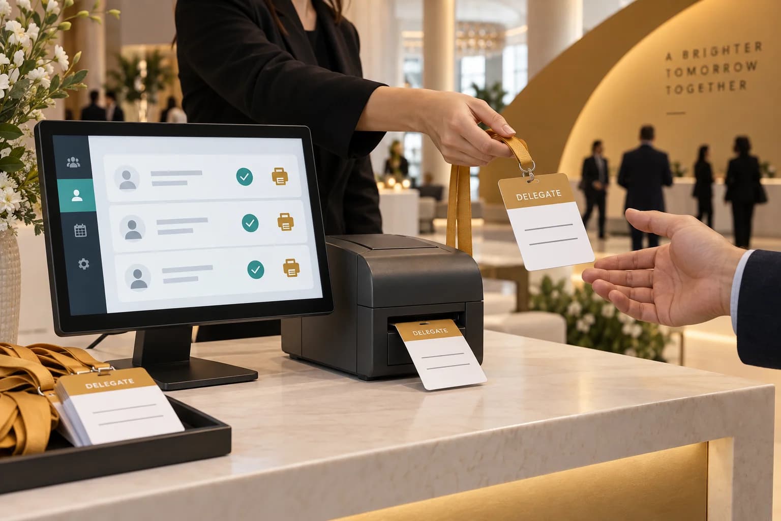 Concept illustration of an event welcome counter connecting a staff registration screen, badge printer and badge handover.