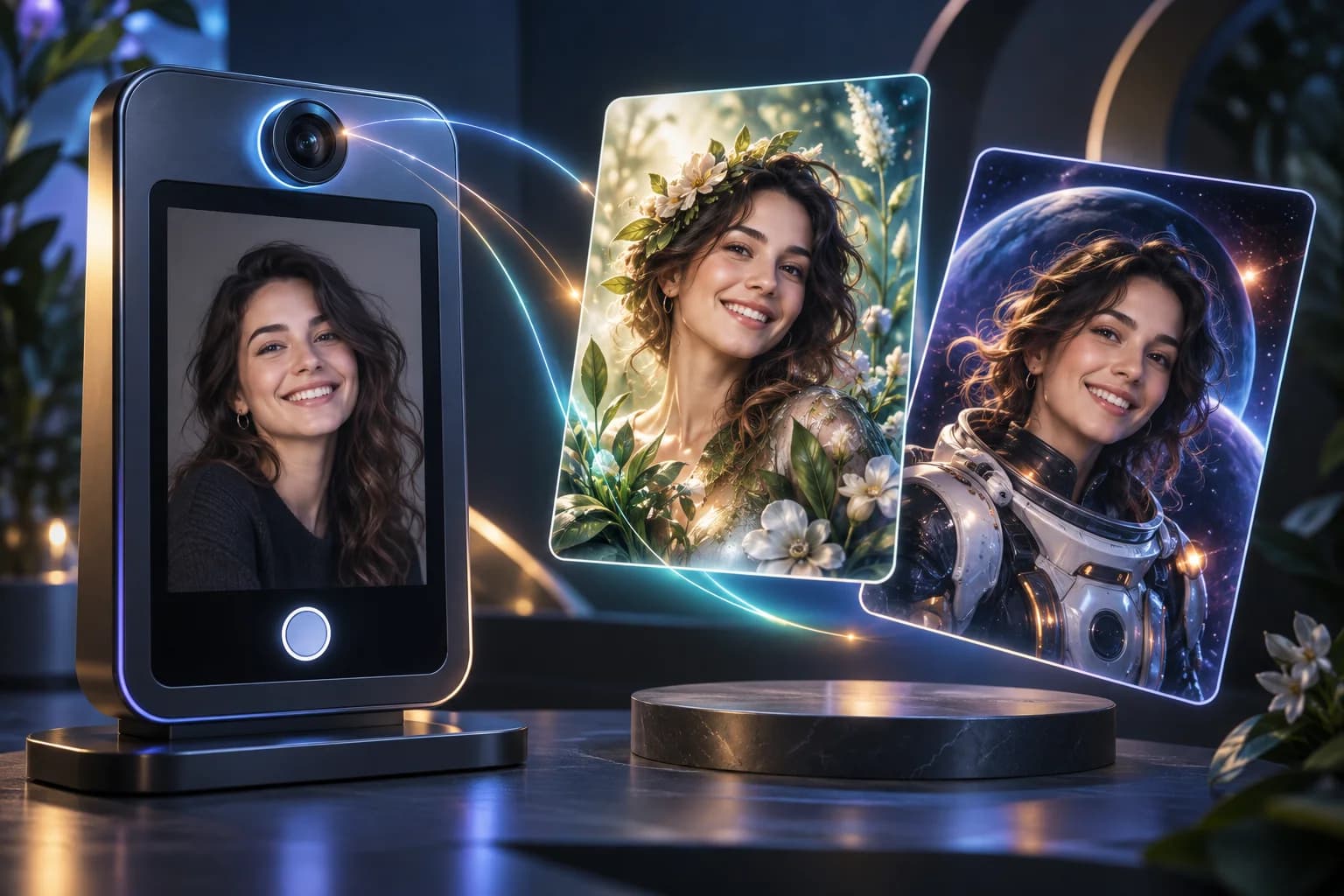 Concept illustration of a guest photo transformed into botanical and cosmic AI portraits.