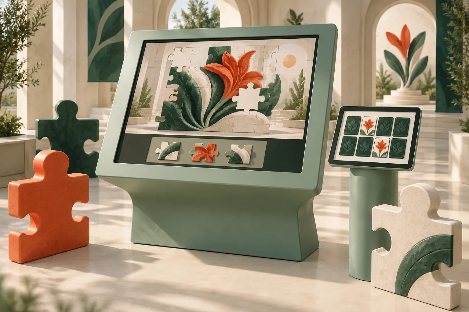 Concept illustration of a mint touchscreen puzzle kiosk with sculptural game pieces and a matching-game tablet.