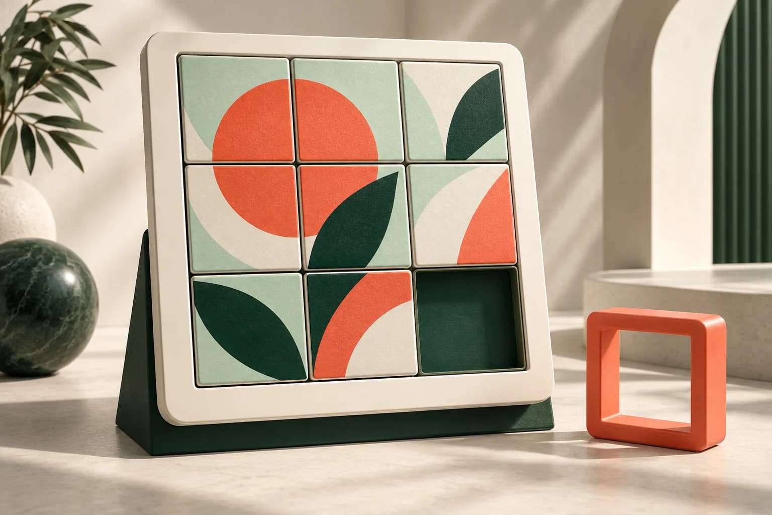 Concept illustration of eight image tiles and one empty space in a three-by-three sliding puzzle.