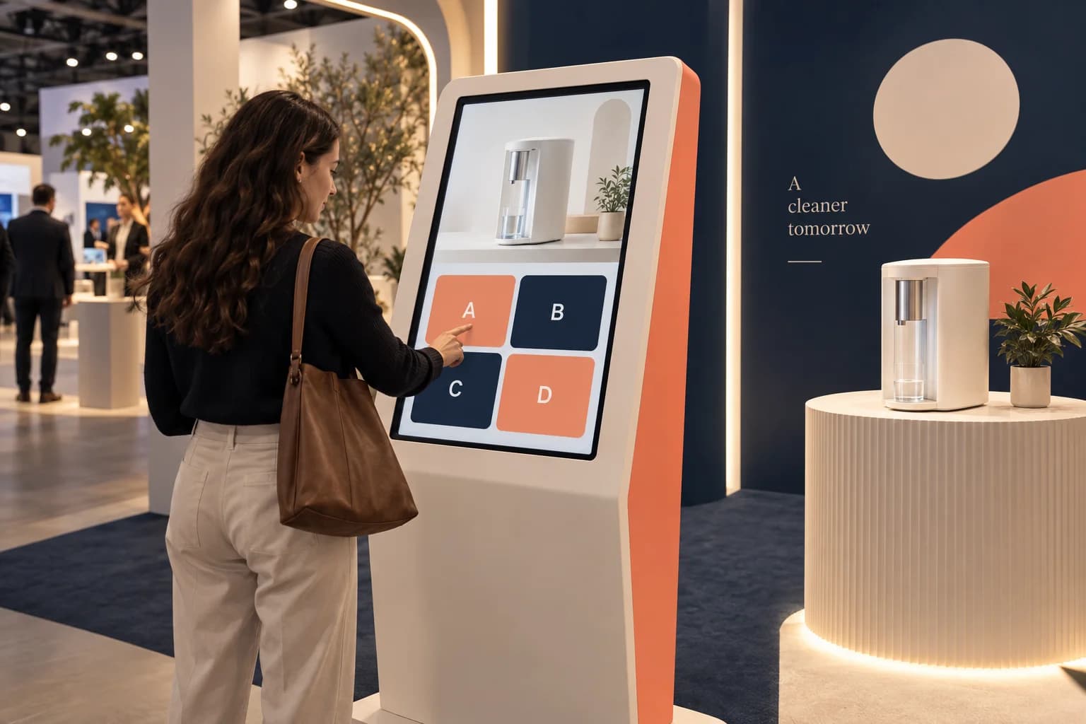 Concept illustration of a visitor answering a self-paced product quiz on an exhibition touchscreen kiosk.