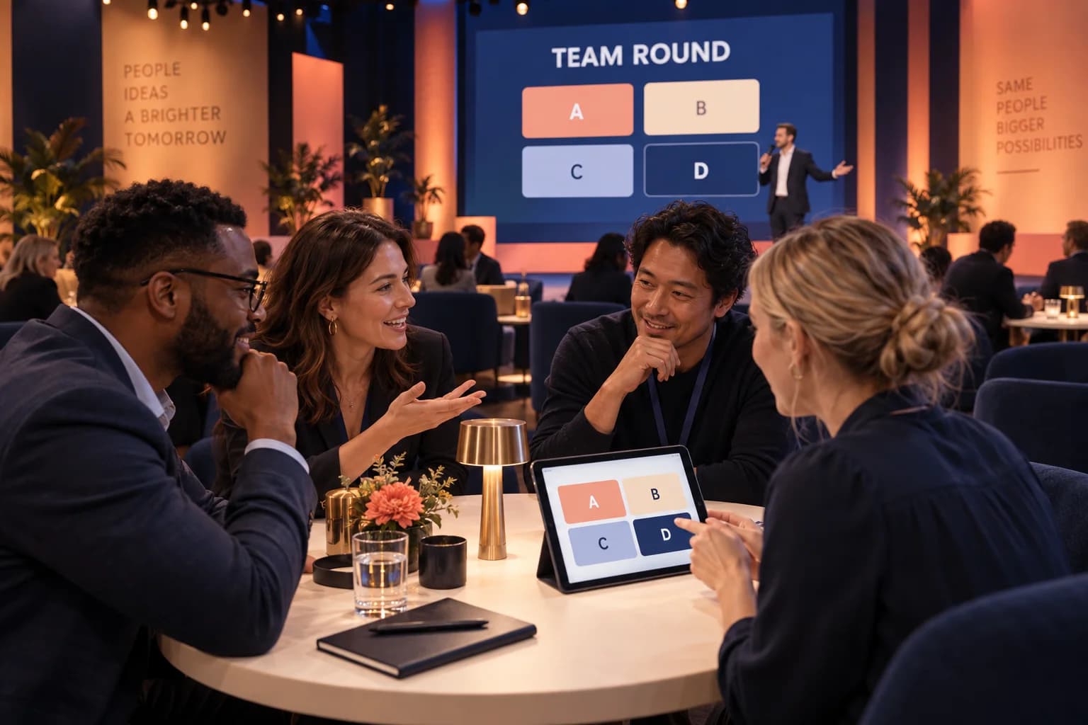 Concept illustration of colleagues discussing a quiz answer while one team representative submits on a shared tablet.