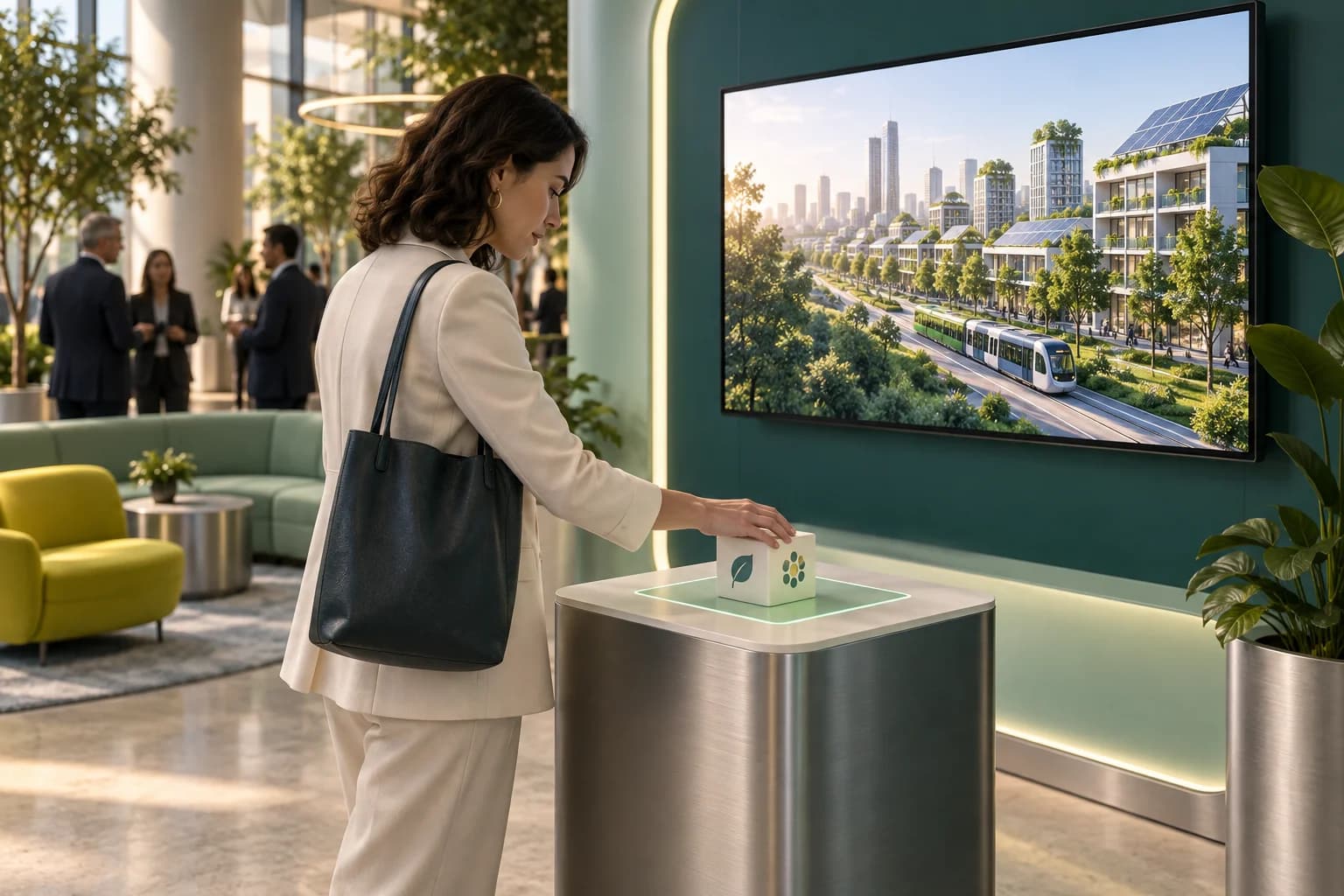 Concept illustration of an attendee using a cube content selector beside a conference lounge display showing a sustainable city.