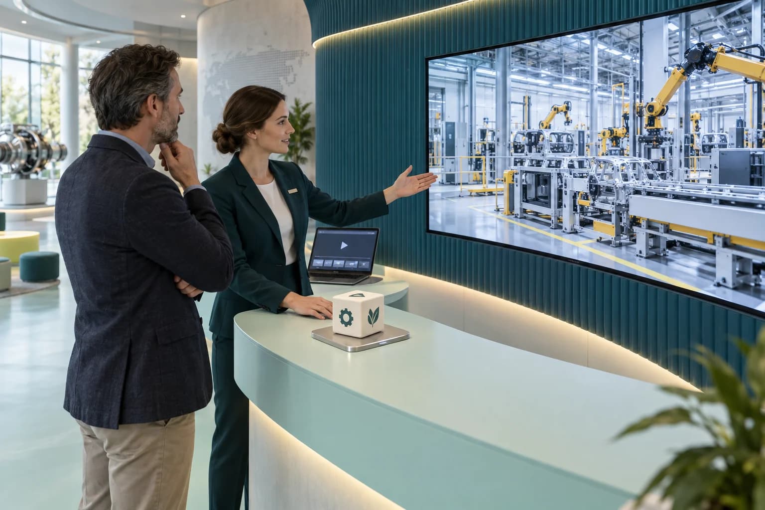 Concept illustration of a guide and visitor exploring manufacturing content through a cube selector and a connected screen.