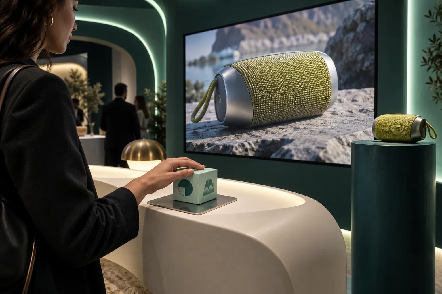 Concept illustration of a cube-controlled product launch display with a prepared speaker-design film and a matching physical product.