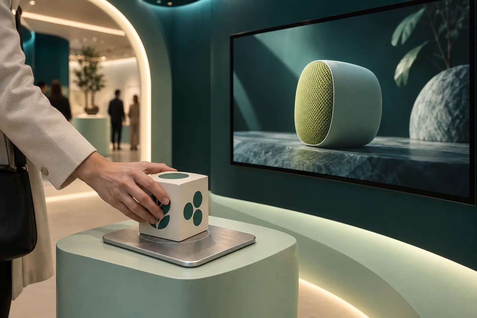 Concept illustration of a visitor placing a physical topic cube on a nearby reader pad to select prepared content on a connected display.