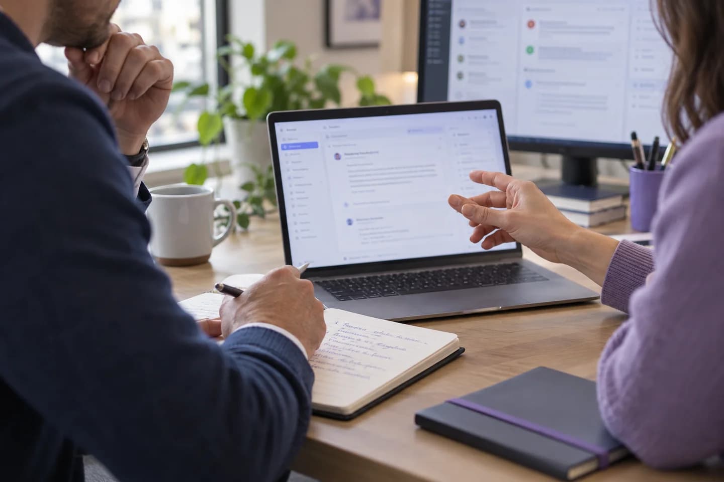 Illustrative scene of a sales specialist reviewing an enquiry