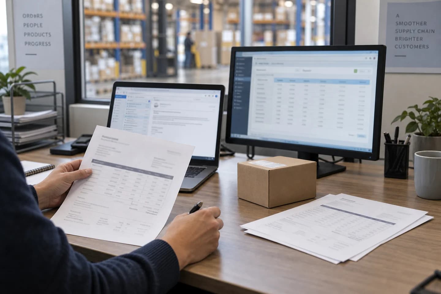 Illustrative scene of an operations specialist reviewing an order