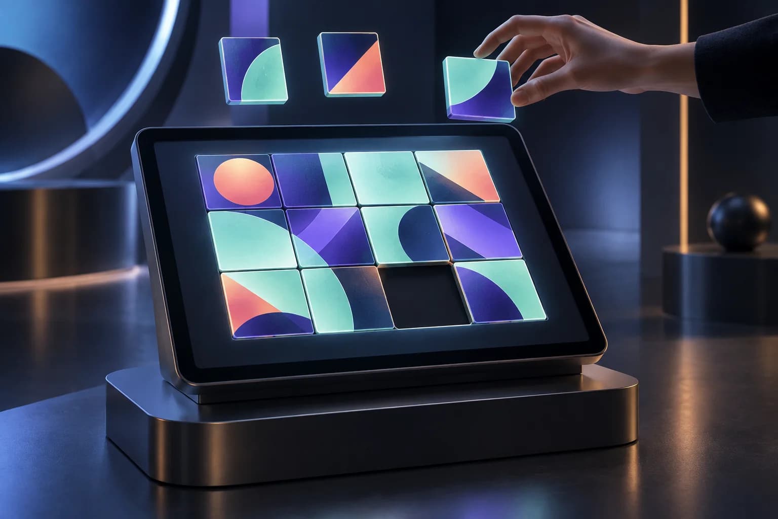 Concept illustration of a touchscreen puzzle with colourful geometric tiles.