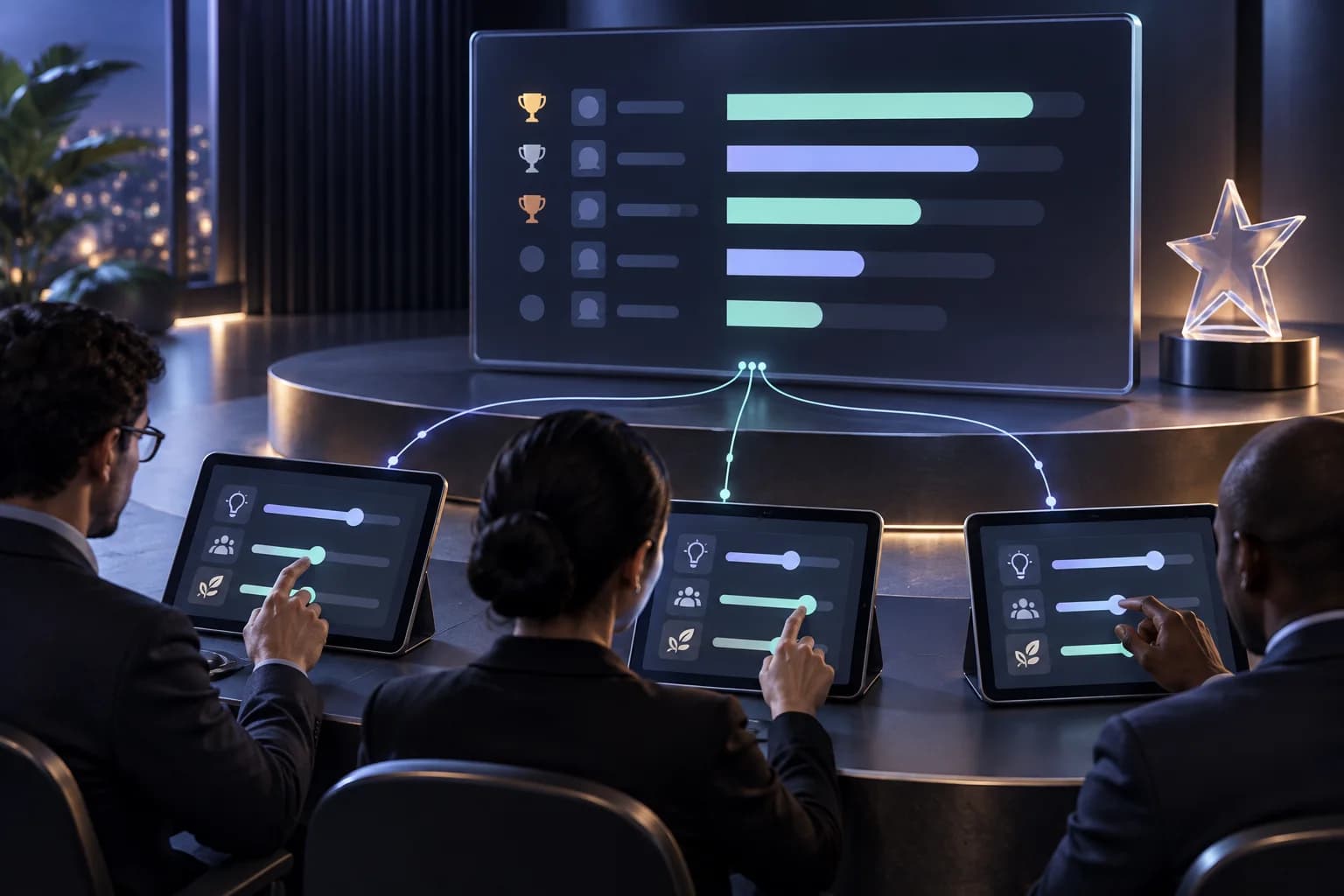 Concept illustration of judges’ scoring tablets connected to an organiser’s results display.