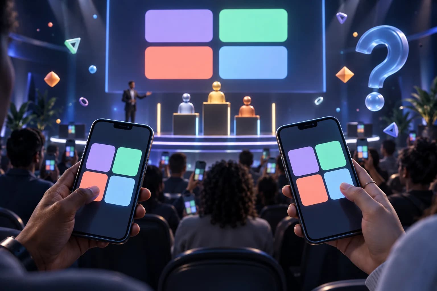 Concept illustration of phone-based quiz answers and a shared event leaderboard.