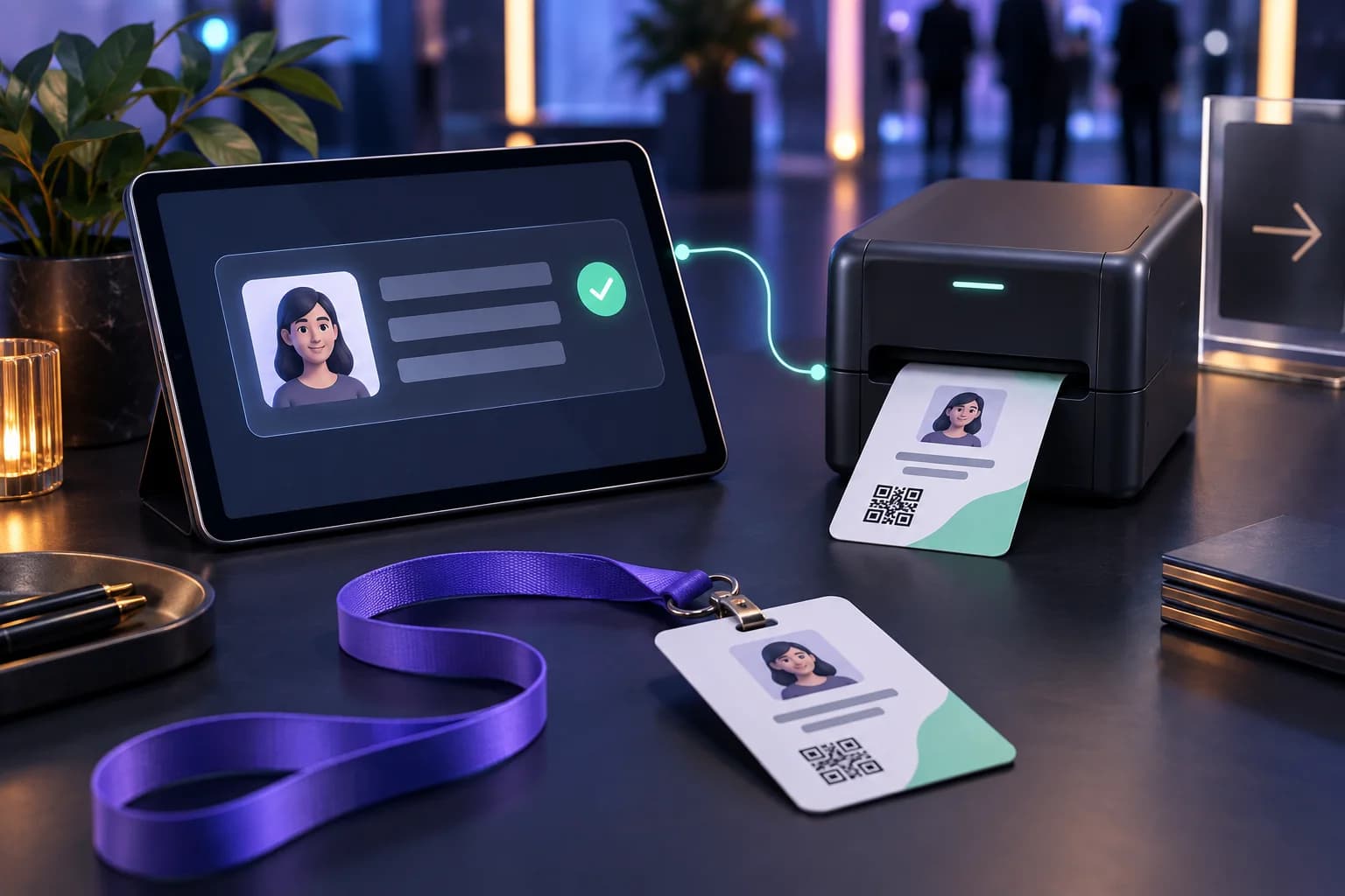 Concept illustration of attendee details on a tablet connected to a printer producing an event badge.
