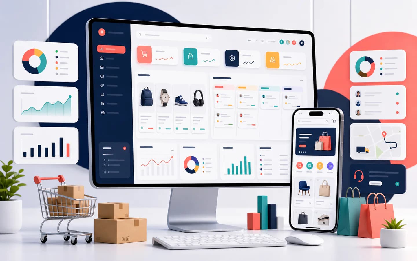 eCommerce software interface with marketplace, inventory, order workflow, and AI support UI