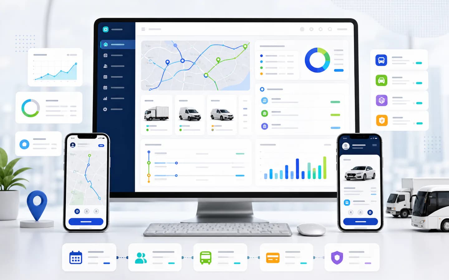 Transport software interface with map, fleet dashboard, and mobile driver app