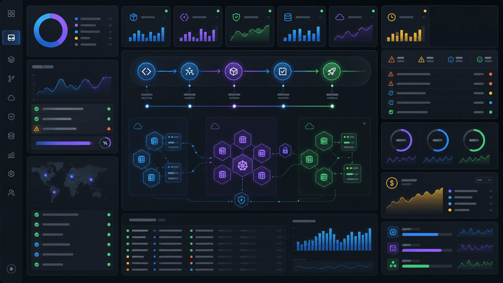 Cloud infrastructure dashboard with CI/CD stages, container orchestration, monitoring, security, and cost panels