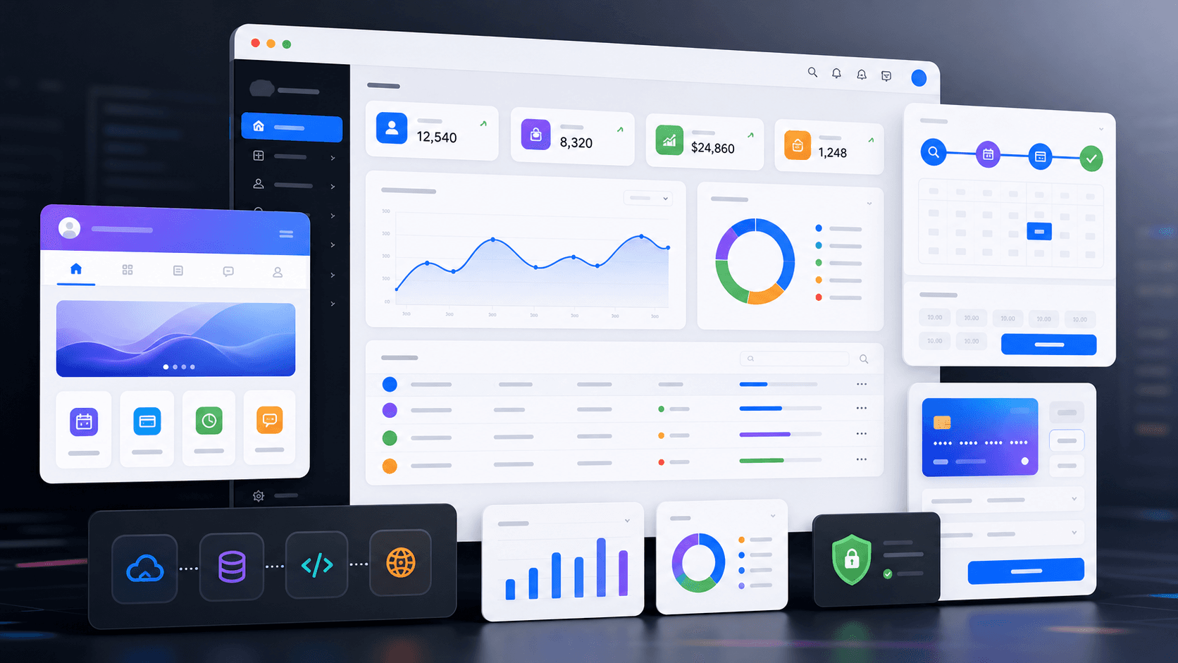 Responsive web app interface with dashboard metrics, portal screens, payments, and secure cloud modules