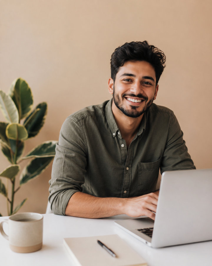 Smiling founder reviewing a workflow on laptop