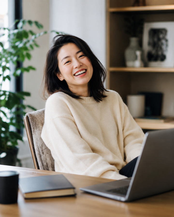 Team member smiling beside a laptop
