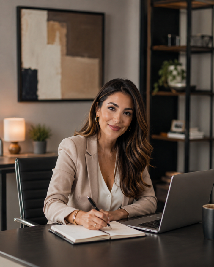 Consultant writing notes beside a laptop